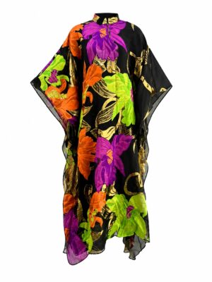 STAR BLACK GOLD MIXED FLORAL BISHOP NECK BROCADE CAFTAN