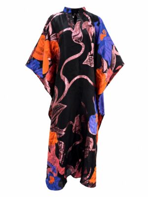 STAR INDIGO MIXED FLORAL BISHOP NECK BROCADE CAFTAN