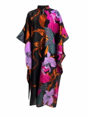 STAR LAVENDER MIXED FLORAL BISHOP NECK BROCADE CAFTAN