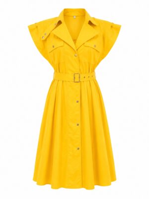ZR MUSTARD DOUBLE POCKET BELTED MILITARY SHIRT DRESS