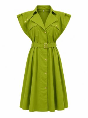 ZR OLIVE DOUBLE POCKET BELTED MILITARY SHIRT DRESS