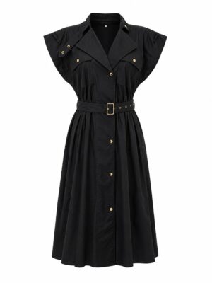 ZR BLACK DOUBLE POCKET BELTED MILITARY SHIRT DRESS