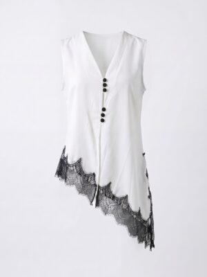 KIV WHITE MULTI BUTTON ASSYMETRIC CHANTILLY DETAIL TOP