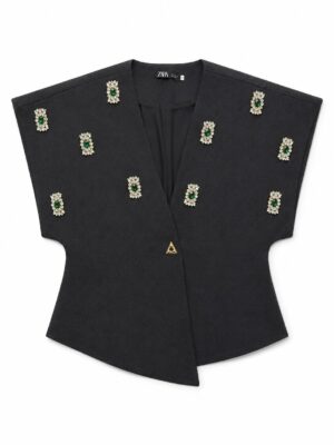 ZR BLACK TEXTURED GREEN BROOCH DETAIL BATWING JACKET