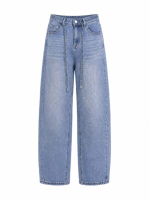DEY 8708 BLUE WASH BELTED EMBELLISHED DENIM PANTS