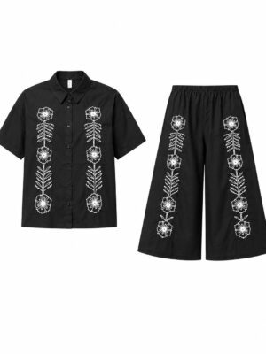 CYARD BLACK COTTON WITH IVORY ARTWORK DETAIL CULOTTES X SHIRT SUIT SET