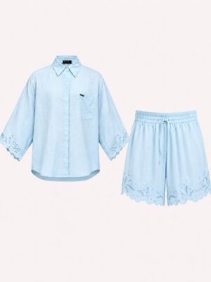 LOPIA MUTED BLUE LINEN LAZERCUT DETAIL SHORTS SUIT SET