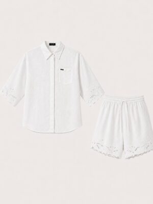 LOPIA IVORY LINEN LAZERCUT DETAIL SHORTS SUIT SET