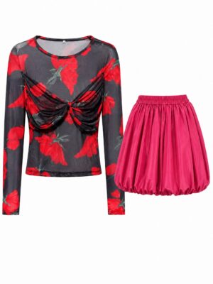 (2FOR50K)BLACK FLORAL MESH WITH RED SILK BUBBLE SKIRT SUIT SET