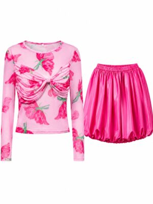 (2FOR50K)PINK FLORAL MESH WITH PINK SILK BUBBLE SKIRT SUIT SET