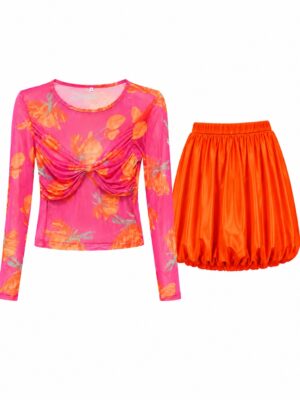 (2FOR50K)PINK FLORAL MESH WITH ORANGE SILK BUBBLE SKIRT SUIT SET