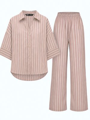 (2FOR70K)ZR COFFEE STRIPE BOX SLEEVE TOP X PANT SUIT SET