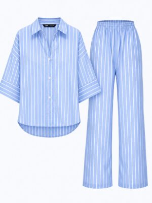 (2FOR70K)ZR BLUE STRIPE BOX SLEEVE TOP X PANT SUIT SET
