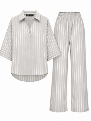 (2FOR70K)ZR STONE STRIPE BOX SLEEVE TOP X PANT SUIT SET