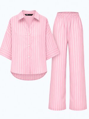 (2FOR70K)ZR PINK STRIPE BOX SLEEVE TOP X PANT SUIT SET