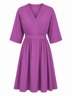 (2FOR75K)YINA AUBERGINE LINEN PLEATED VNECK SWING TUNIC
